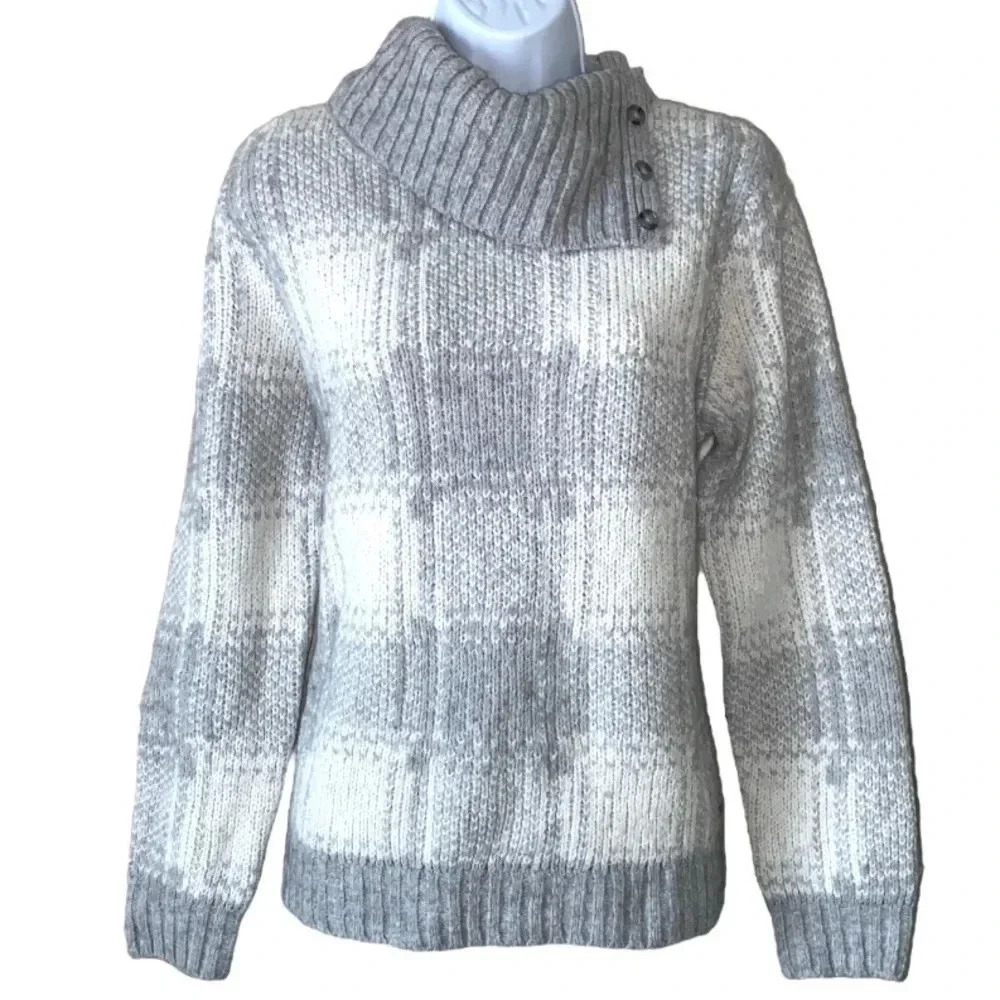 TOMMY HILFIGER | Grey/White Plaid Button Cowl Neck Pullover Sweater Size XL
